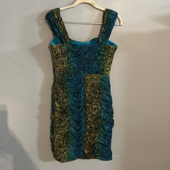 BCBGMaxAzria Ivita Blue/Green/Yellow Snake Print Ruched Bodycon Dress Size Med - Picture 6 of 8